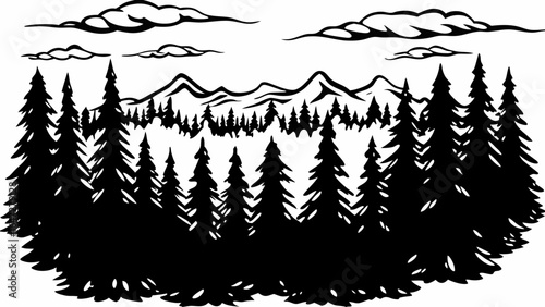 Black silhouette of a forest with pine trees and mountains under a cloudy sky in a vector drawing