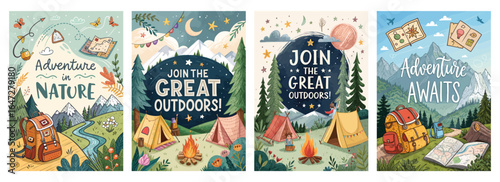 Whimsical outdoor adventure illustrations featuring vibrant colors and nature themes.