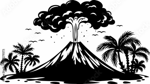 Black and white illustration of a volcano erupting with palm trees and birds in the background scene silhouette