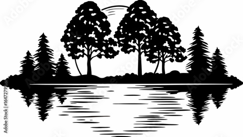 Silhouette landscape with trees and reflection in water under a circular sun design perfectly aligned