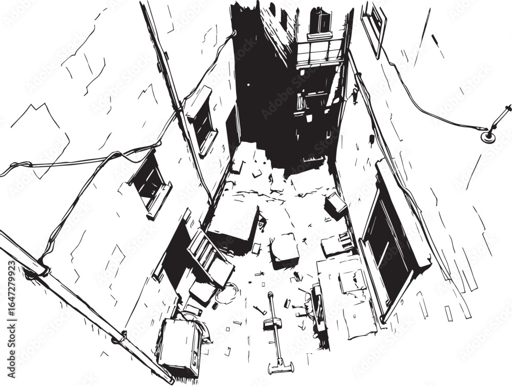 Obraz premium Gloomy urban alleyway, back streets. Hand drawn vector illustration 
