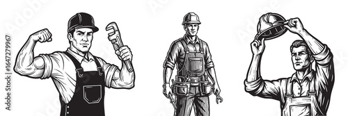Vector Illustration Line art construction worker builder with tools helmet wrench and silhouette