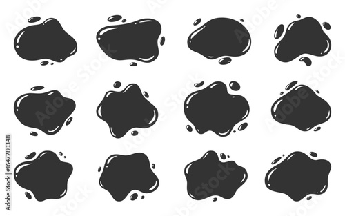 Black ink shiny blob form set. Smooth splash with glossy drop. Rounded spill abstract shape liquid mark. Soft fluid stain, cartoon blotch, isolated splotch, organic puddle. Dynamic smear, modern drip