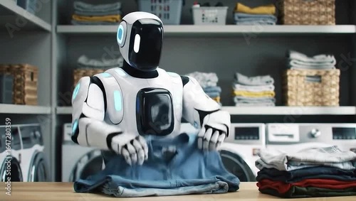 Futuristic AI robot folding laundry in modern utility room with washing machines, organized shelves and folded clothes at home for automation, convenience and smart home technology