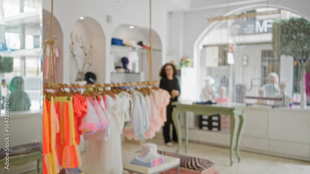 Obraz premium Woman in boutique with blurred clothes on hangers in foreground and stylish decor, showcasing modern retail environment with a defocused background and natural light.