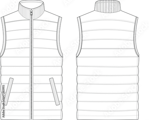Puffer Vest Fashion Flat Sketch, Front and Back Technical Drawing