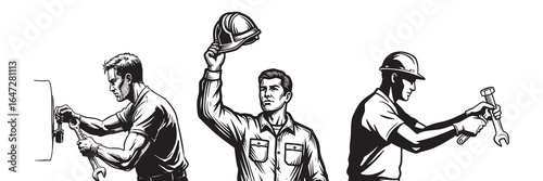 Construction Workers Illustration Hardhat Engineering Teamwork Building Black and White silhouette
