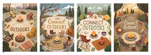 Colorful illustrations of outdoor camping scenes featuring cozy campfires, tents, and relaxation areas.