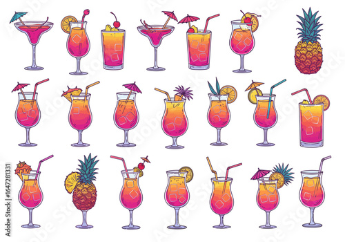 Colorful Tropical Cocktails and Pineapple Illustration