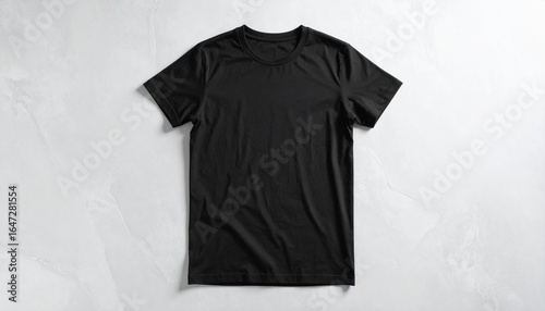 Classic black cotton t-shirt flat lay mockup, a blank apparel template isolated on a textured white background for your design.