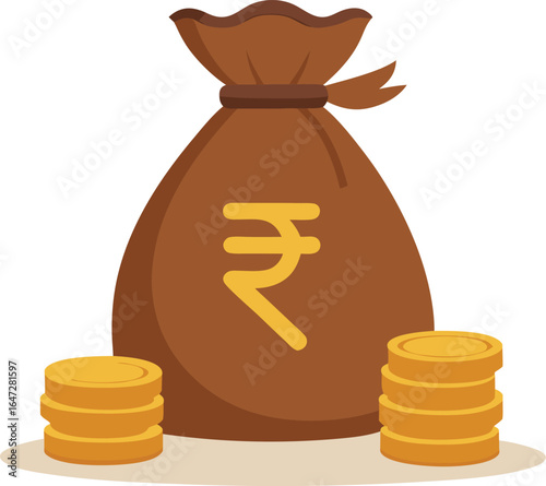 Money bag with Rupee symbol and coins on transparent background