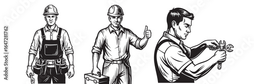 Skilled Tradesman Line Art Builder Construction Vector Graphics Remodeling Expertise and silhouette