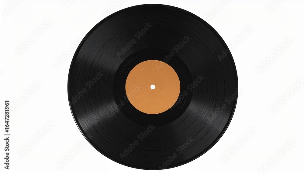 Obraz premium An authentic analog LP record with grooves and a blank orange label, shown in high resolution and isolated on a white background.