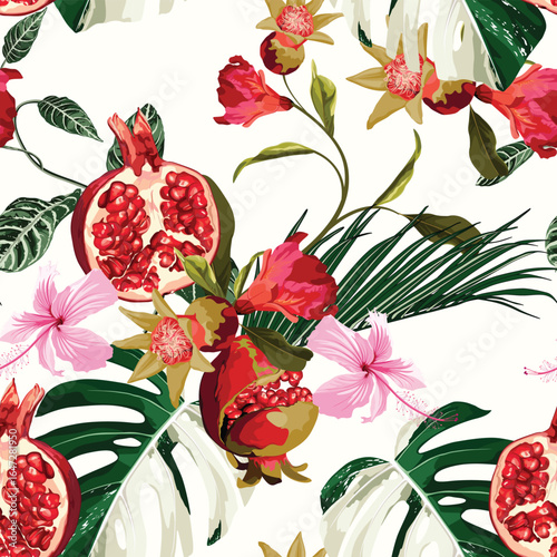 Seamless Pattern. Tropical hibiscus flowers. Pomegranate fruit with palm leaves. Realistic vector image. Print for all types of surfaces. Trendy print.