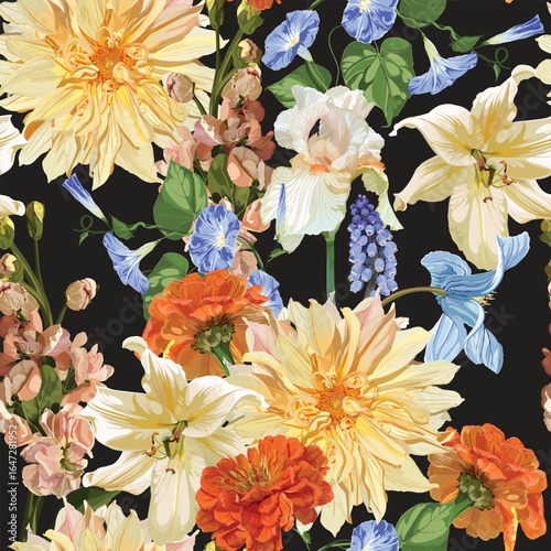 Seamless Pattern. Garden beige flowers. Magical lily, dahlia, iris flowers. Realistic vector image. Print for all types of surfaces. Trendy print.