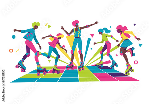 Retro Roller Skating Group on Colorful Dance Floor