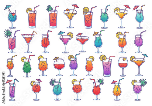 Colorful Cocktail Collection: Variety of Refreshing Drinks with Straws and Garnishes