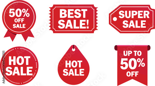Assortment of Red Sale Badges and Labels Featuring Hot, Best, Super, and 50% Off Offers