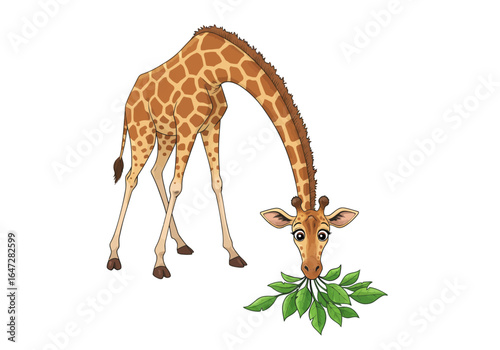 Cartoon Giraffe Eating Leaves with Long Neck