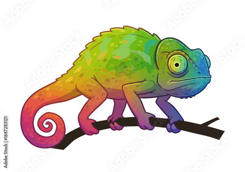 Colorful Cartoon Chameleon Perched on a Branch