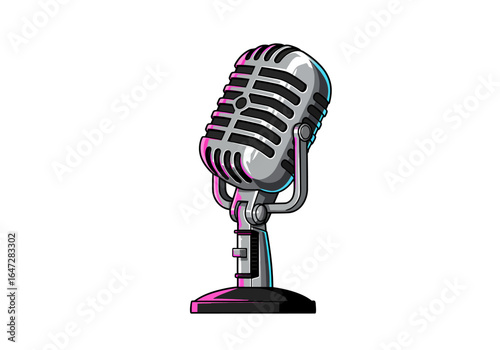 Classic Silver Microphone with Stand for Audio Recording and Broadcasting