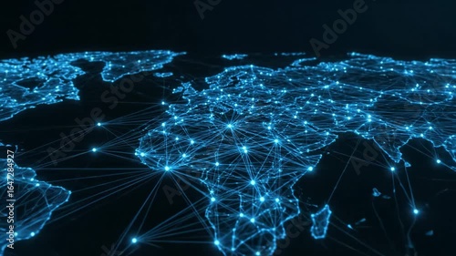 Global Network Connections - A digital video of a vast, interconnected network of glowing nodes and lines expanding across a world map. The blue light represents data flow and global connectivity.