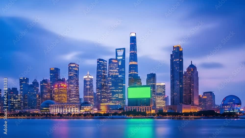 Stunning Shanghai skyline shimmers at twilight reflecting on water, dynamic urban scene Stunning Shanghai skyline shimmers at twilight reflecting on water, dynamic urban scene