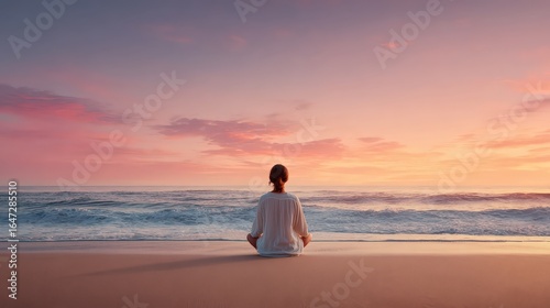 Tranquil Sunrise Beach Meditation with Woman Sitting Cross-legged by the Ocean