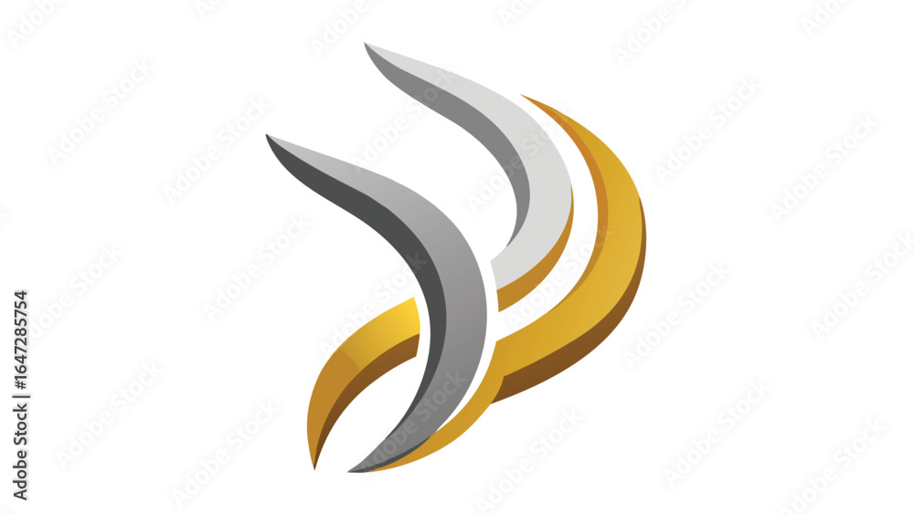 Obraz premium Abstract 3D Golden and Silver Swoosh Logo on White Background symbol