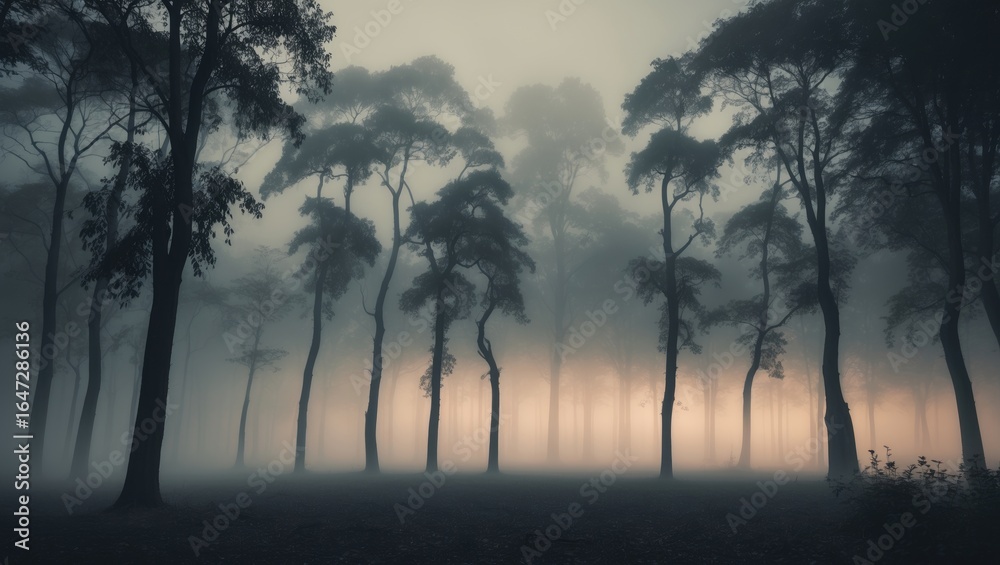 Obraz premium Dense forest at dawn with misty trees and foggy atmosphere. Nature and wilderness scene. The concept of forest and natural environment.