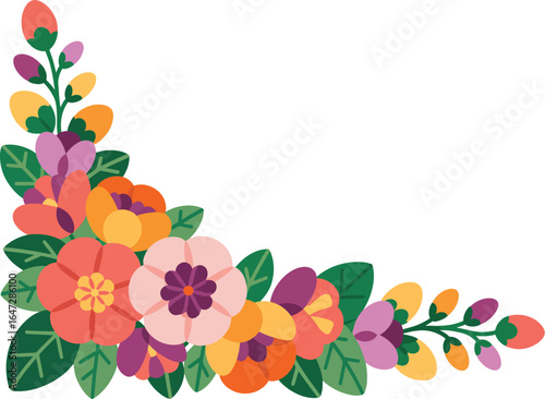 Floral corner vector with layered orange, pink, purple, and yellow flowers—botanical design with blank space for text