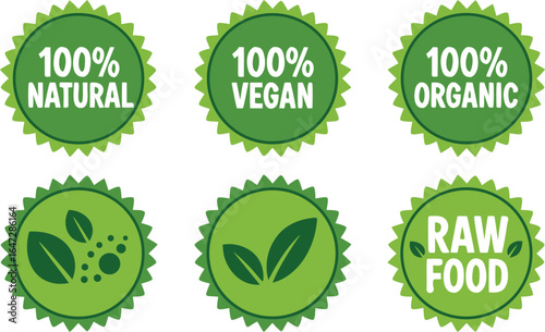 Collection of Green Food Labels 100% Natural, Vegan, Organic, and Raw Food Badges