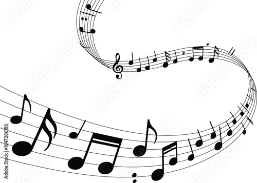Flowing musical staff vector with treble clef, notes, and symbols—dynamic black line illustration for music-themed designs