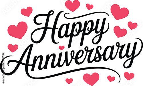 Happy Anniversary greeting with red and pink hearts in stylish cursive font for romantic celebration or love-themed design