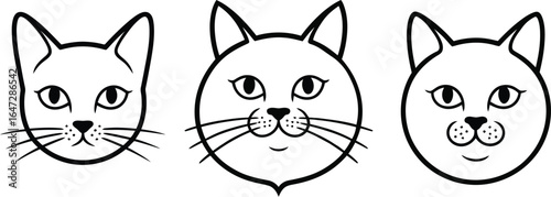 Black and white cat face vector set with expressive features and bold outlines in minimal hand drawn cartoon illustration style