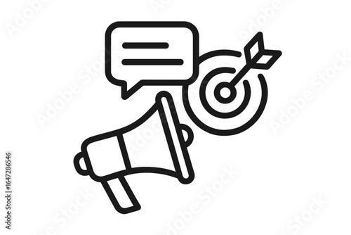 Marketing concept with megaphone, speech bubble, and target communication strategy icons