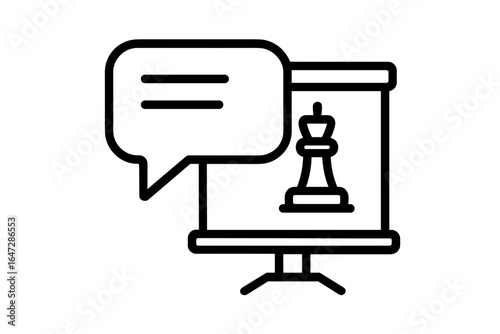 Chess strategy presentation on digital screen with speech bubble communication strategy icons