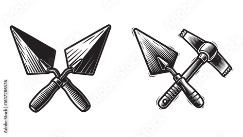 Crossed Tools A Tattoo Style Graphic of Trowels Pickaxe for Construction Mining Building silhouette