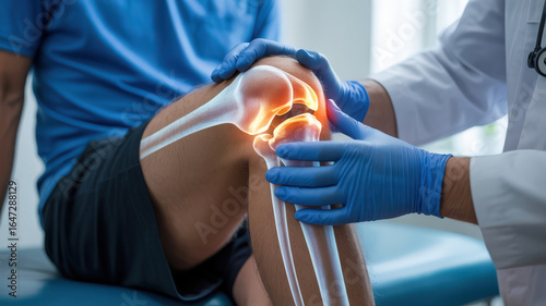 An illustrative image of a doctor examining a knee. The doctor is wearing gloves and is examining the knee with care, while the image highlights the injury in the knee