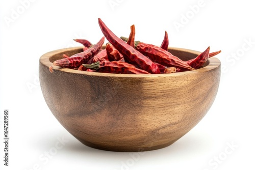 Dried chili peppers in a wooden bowl
