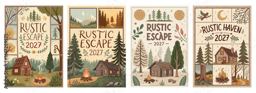 A collection of four rustic-themed illustrations showcasing cozy cabins in nature, perfect for a tranquil escape.