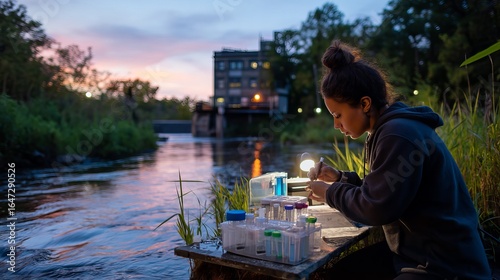 Young female scientist conducting water analysis by a river at sunset.