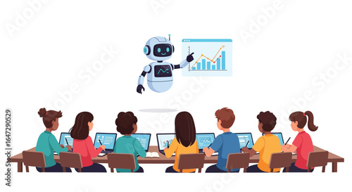 Robot Teaching Children with Technology Illustration