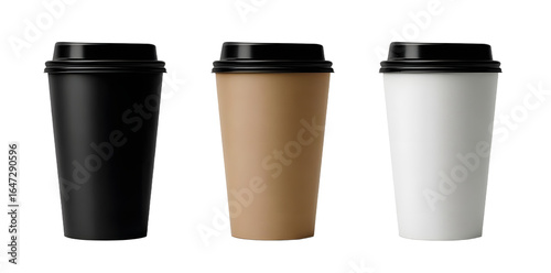 Wallpaper Mural Set of three tall coffee cup mockups in black kraft and white paper with black lids on transparent background Torontodigital.ca