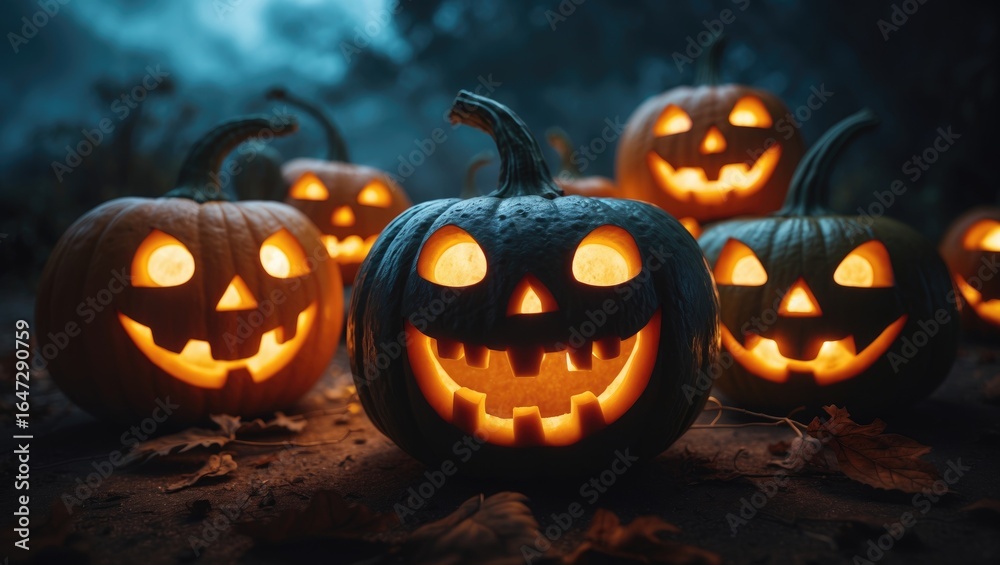 Fototapeta premium Bright pumpkins with carved faces illuminated from within, set against a dark, spooky night background. Halloween and festive decoration concept. The theme of pumpkins and Halloween celebration.