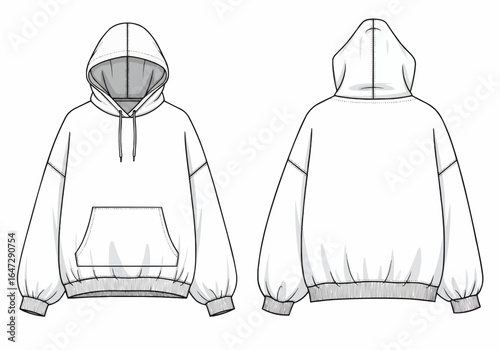 Technical drawing showcasing a women's oversized hoodie, front and back views, detailing design elements like the kangaroo pocket and drawstring hood.