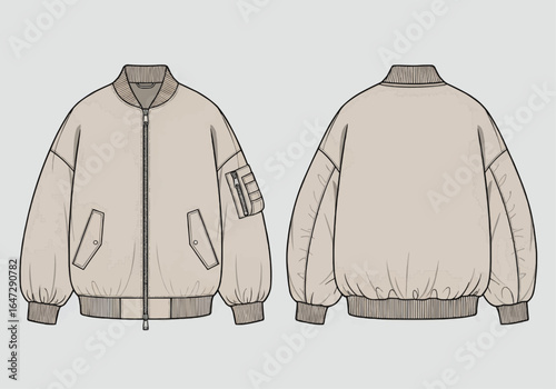 Front and back view illustration of a beige bomber jacket design, detailed.