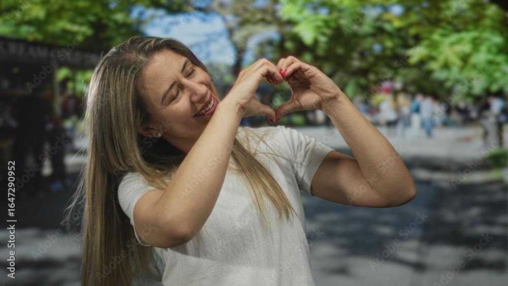 Woman shapes hands into a heart gesture while standing on a busy city street lined with green trees; love joy. Woman shapes hands into a heart gesture while standing on a busy city street lined with green trees; love joy.