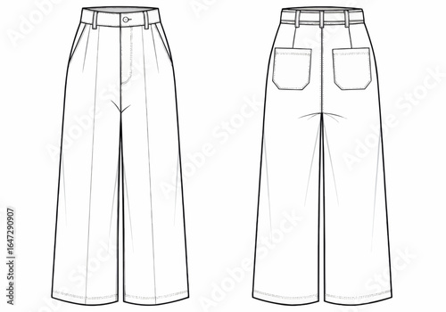 Wide-leg trousers design, front and back views, showing pockets and pleats.