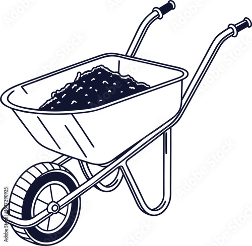 A bright red metal wheelbarrow carries gardening tools on a white background